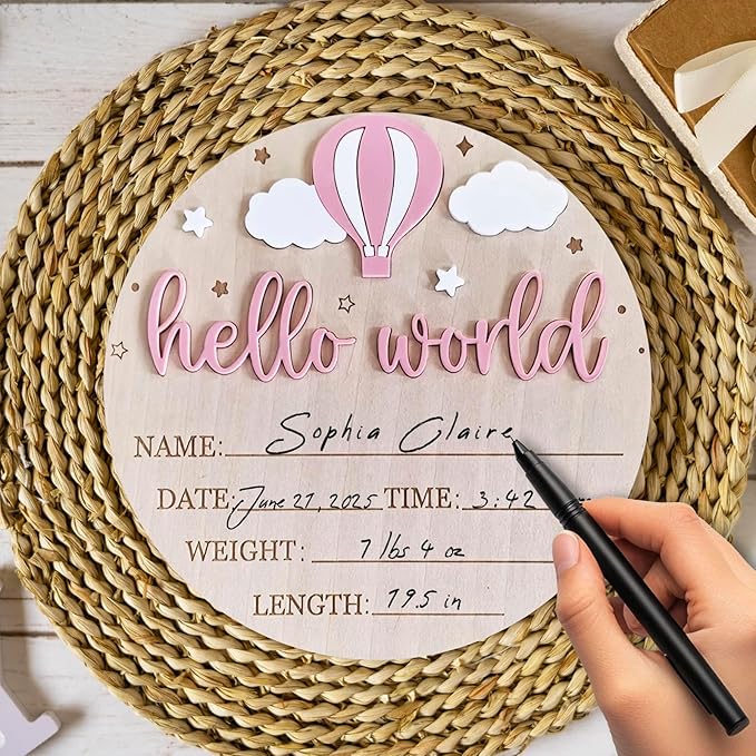 Wood Baby Birth Keepsakes Plaques Hello Worlds Welcome Sign Customizable Nursery Wall Decors for Newborns