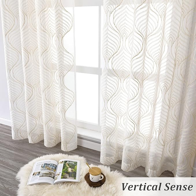 VISIONTEX Sheer Curtains 63 Inch Length 2 Panels Set Beige Moroccan Embroidery Texture Geometric Rod Pocket Ivory White Voile Tulle Semi Window Treatment Pair for Bedroom Living Room 54 x 63 Inches
