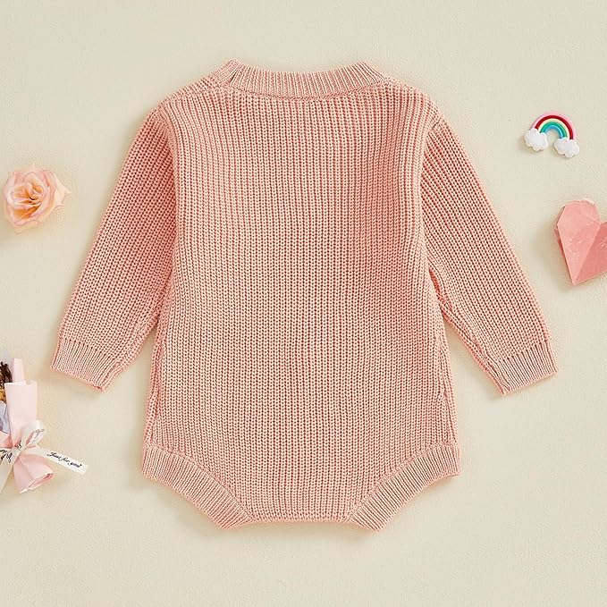 Lesimsam Newborn Baby Boy Girl Valentines Day Outfit Oversized Embroidery Long Sleeve Knit Sweater Bubble Romper Bodysuit