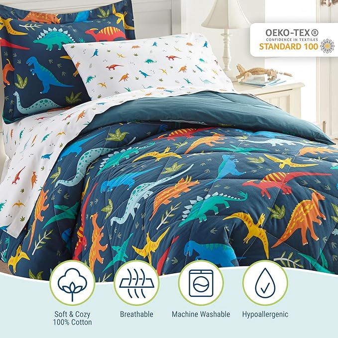 Wildkin 5-Piece Twin Bedding Set – 100% Cotton Comforter, Sheets & Pillowcase for Cozy Cuddles - Jurassic Dinosaurs