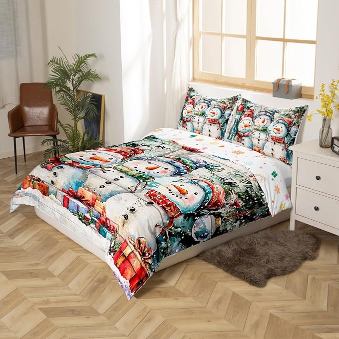 Cartoon Snowman Duvet Cover Set Queen Size,Xmas Tree Winter Snow Merry Christmas Bedding Set,Boys Girls Room Decor,Wooden Plank Rustic Comforter Cover,White Quilt Cover,2 Pillowcases,No Comforter