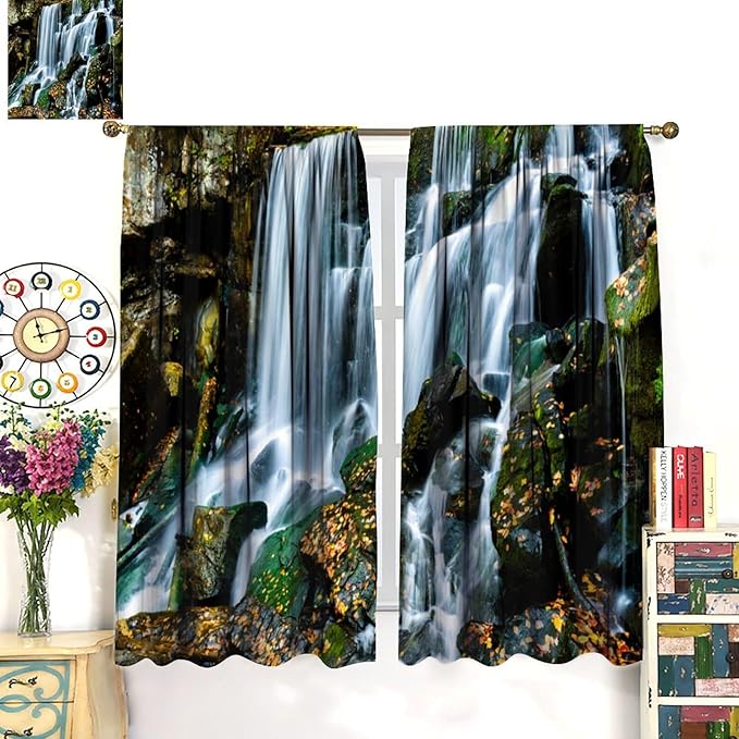 Waterfall Blackout Window Curtains, Forest Nature Landscape Theme Pattern Print Window Drapes, for Living Room Bedroom 42" W X 45" L