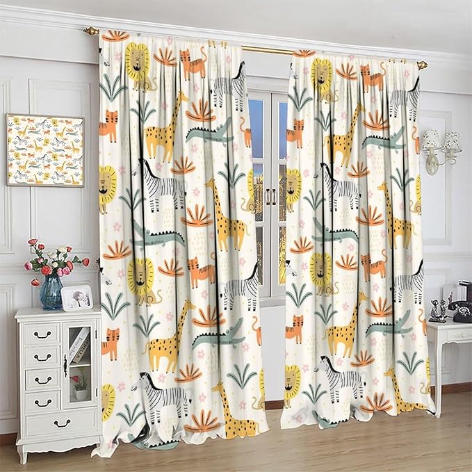 Wild Animals Curtains, Cute Cartoon Animals Zoo with Lion Zebra Crocodile Cat and Giraffe Tropical Jungle Plant Print Window Treatments for Kids Boys Girls Bedroom Living Room 42x45 Inch
