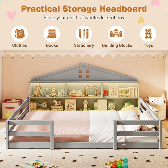 KOMFOTT Full Floor Bed with Bookcase & LED Light, Wood Bed Frame with Bedside Bookshelves & Guardrails, Versatile 2-in-1 Montessori Floor Bed for Kids