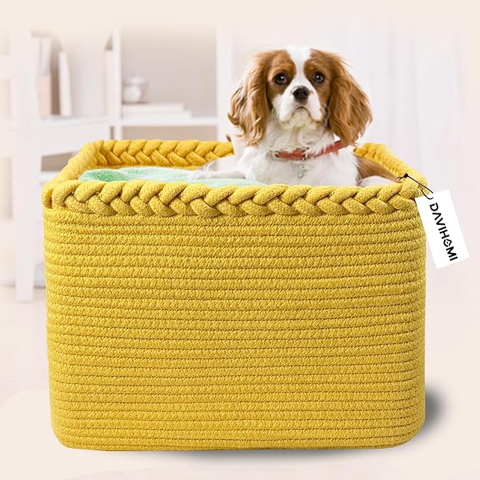 Small Woven Cotton Rope Basket for Storage, Gift Baskets for Handles, Cloth Storage Baskets for Organizing-13.5" x 11" x 9.5" home decor for Living Room, Bathroom（Yellow）