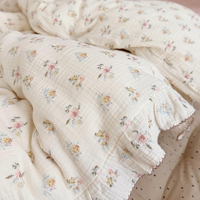 BuLuTu 2-Layer Cotton Muslin Duvet Cover Full for Kids Girls Boys, Shabby Chic Floral Duvet Covers Beige Comforter/Quilt Cover with Ruffles, 79"x90", Azalea, No Pillow Cases
