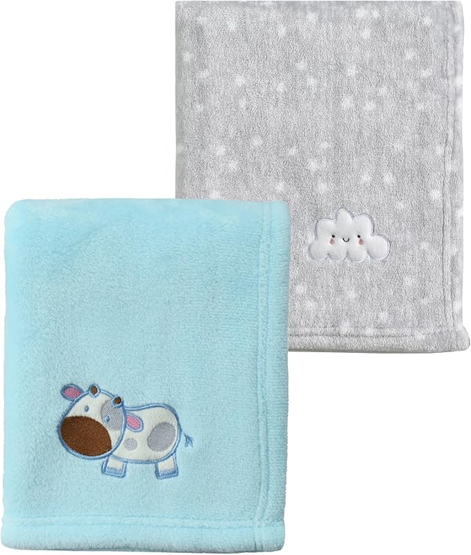 CREVENT 2Pcs 30''X40'' Cute Cozy Fluffy Warm Baby Blankets for Infants Toddlers' Bedding Crib Cot Stroller - Grey Cloud + Blue Cow