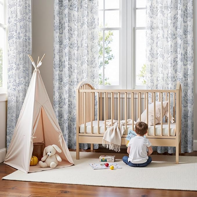 jinchan Linen Nursery Curtains 96 inch Long Woodland Wildlife Blue Print Drapes for Kid's Room Light Filtering French Country Farmhouse Curtains with Bunny and Forest Design Set of 2 Panels