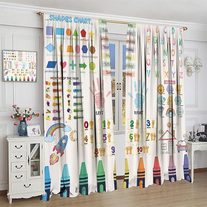 Kids Educational Alphabet Curtain,Boho Watercolor Alphabet Pastel Numbers Shapes Colors for Girls Child Nursery Home Kids Printed Rod Pocket Blackout Window Drapes for Bedroom Living Room 52"W X 84"L