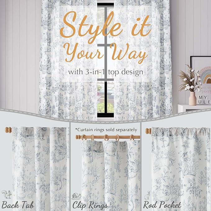 jinchan Linen Nursery Curtains 63 inch Long Woodland Wildlife Blue Print Drapes for Kid's Room Light Filtering French Country Farmhouse Curtains with Bunny and Forest Design Set of 2 Panels