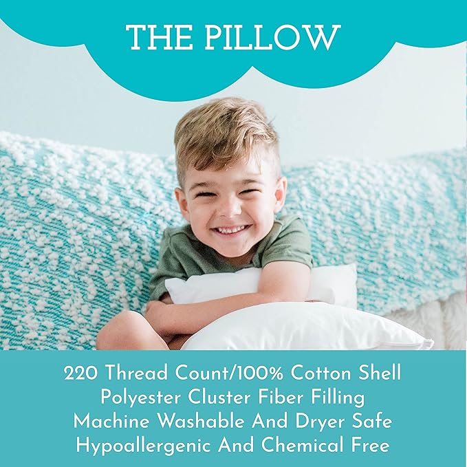 Little Sleepy Head Youth Pillow with Pillowcase 16x22, Soft Jumbo Toddler Pillows, Hypoallergenic Pillow Case - Best Kids Pillows for Sleeping, Perfect Kids Travel Pillows (Trucks 'N Cars)