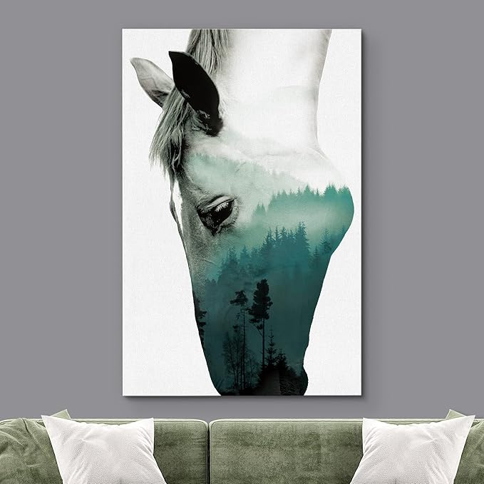 SIGNWIN Canvas Wall Art A Wild Horse and Foggy Mountain Double Exposure Photography Animals Wildlife Digital Art Modern Art Rustic Portrait Edgy for Living Room, Bedroom, Office - 16x24 inches