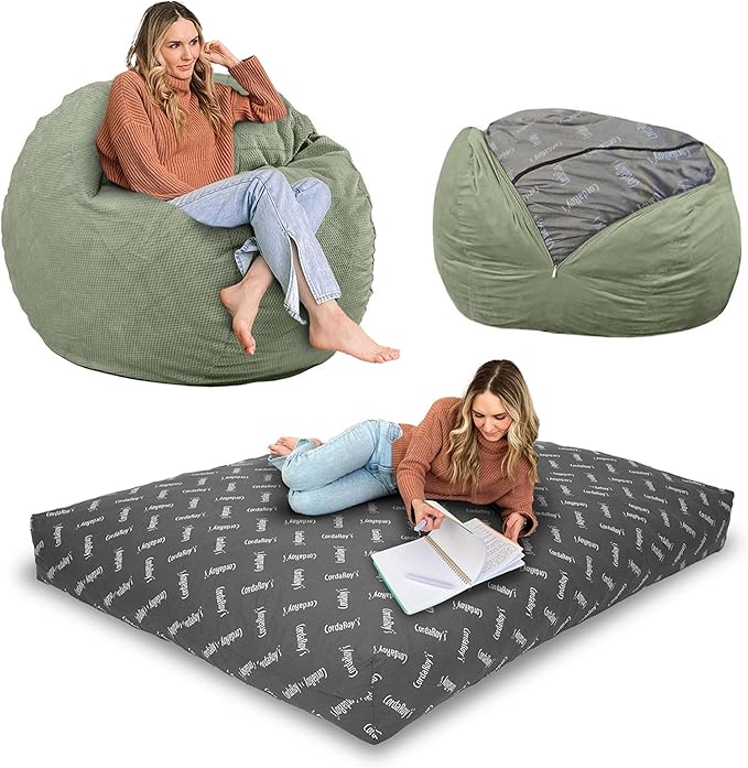 CordaRoy's Chenille Bean Bag-Convertible Bean Bag Chair-Machine-Washable Chenille Fabric Cover-for Basement,Living Room,Game Room,Dorm & More - Full Size - Moss | Made in The USA