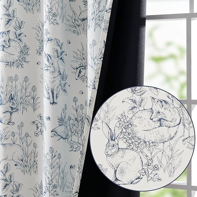 jinchan Blackout Nursery Curtains 84 Inches Long, Bunny Woodland Toile Curtains Blue on Beige Animal Printed Drapes for Bedroom Rod Pocket Thermal Insulated Farmhouse Window Treatment 2 Panels