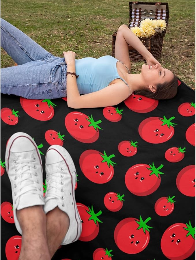 Thuswarm Cute Tomato Kawaii Black Flannel Throw Blanket Warm Cozy Soft Funny Print Blankets for Bed Couch Sofa Room Decoration Gifts 50”×40” Small for Kid