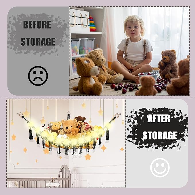 Stuffed Animal Hammock with LED Light, Large Stuffed Animals Storage Corner Plushie Net for Kids Room Decor, Black