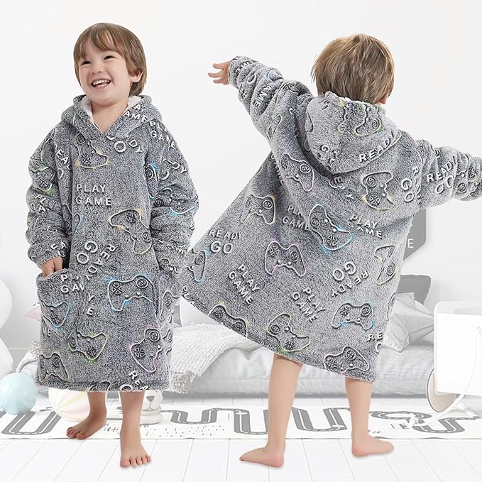Fiosnow Glow in the Dark Game Controller Blanket Hoodies for Kids Toddler 2-6YR Oversize Wearable Blanket Hoodies for Boys Girls