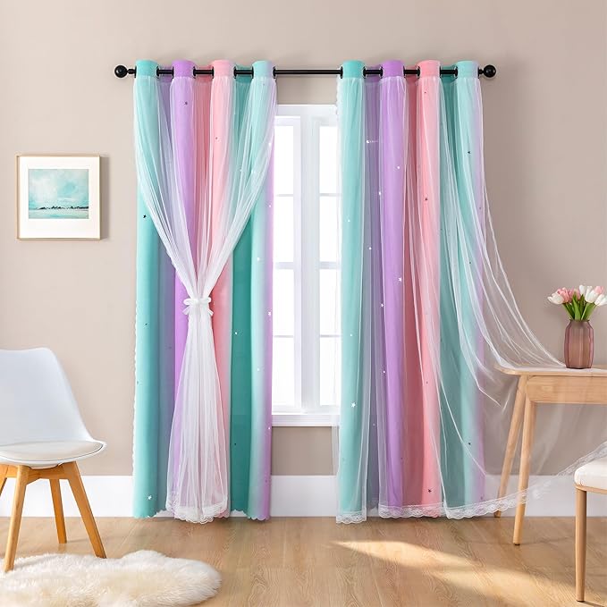 XiDi Curtains for Girls Bedroom 2 Panel Set, Thermal Insulated Window Ombre Panels, Rainbow Pink Drapes for Kids Room Unicorn Wall Decals, Black Out Curtains 45 Inch Long Pink/Purple/Green 52x45
