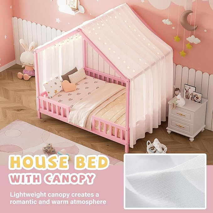 Montessori Floor Bed with Canopy, High Railings and Roof, Full Size Wood House Bed Frame for Kids Bedroom (Pink/C)