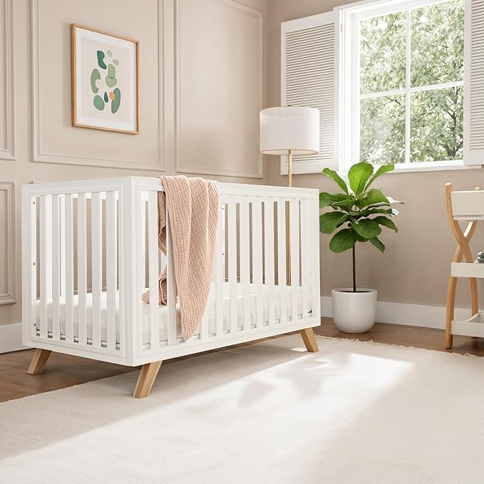 Comfy Cubs Baby Crib for 0 to 3 Years - Adjustable Mattress Height, Natural Wooden Crib for Baby, Elegant Nursery Furniture - 80 lbs Capacity Nursery Bed - White Bars and Frame with Natural Wood Leg