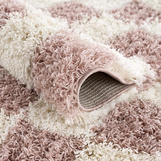Hauteloom Atira Contemporary Checkered Fluffy Shag Area Rug - Modern Geometric Carpet Tiles for Living Room, Kids Room, Nursery - Plush Pile - Pink, Cream, White - 7'10" x 10'3"