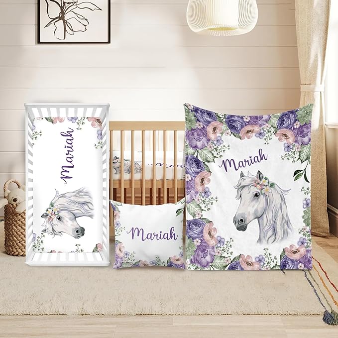 Custom Crib Bedding Set - Horse Design Personalized Name Baby Nursery Bedding 3 Pcs Set - Chic Soft Blanket, Sheet, Pillowcase for Newborns Boys Girls Gifts Color09