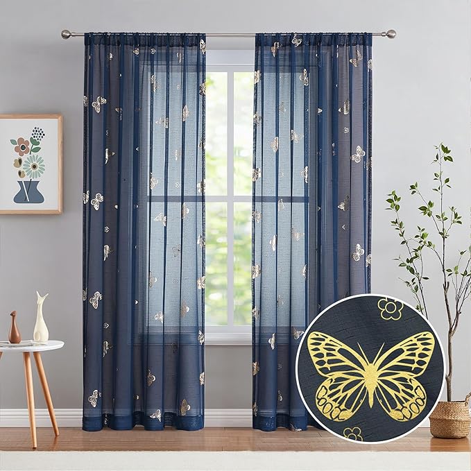 Jubilantex Butterfly Sheer Curtains Navy Blue Drapery with Gold Print Pattern 84 Inch Long, Kids Nursery Bedroom Voile Linen Textured Curtain Rod Pocket Window Drapes, 2 Panels