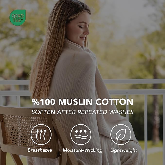 Goqan Muslin Blanket Queen 79x90 – 100% Cotton 4 Layer Boho Muslin Blanket for Adults, Lightweight, Soft, Breathable for Bed, Couch - Beige