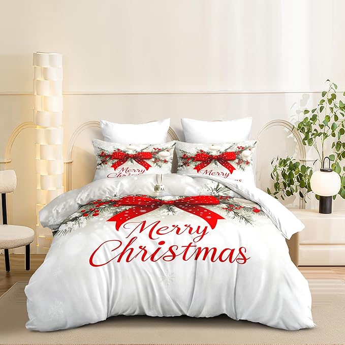 Christmas Duvet Cover Queen Size Merry Christmas Bedding Set 3 Pcs Kids Boys Girls Red Bow Pattern Comforter Cover with Zipper Closure (No Comforter)