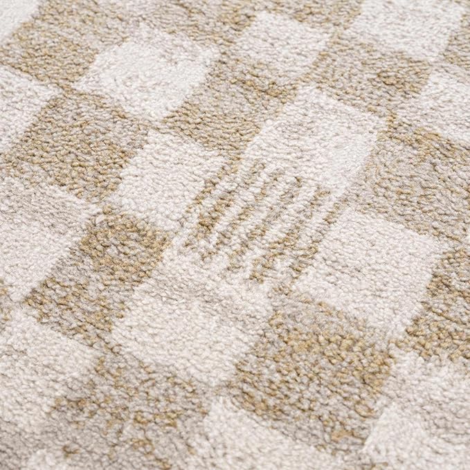 Hauteloom Pertek Modern Checkered Area Rug - Modern Geometric Carpet for Living Room, Kids Room, Nursery - Bohemian Boho Carpet - Cream, Beige, Gold - 6'7" x 9'