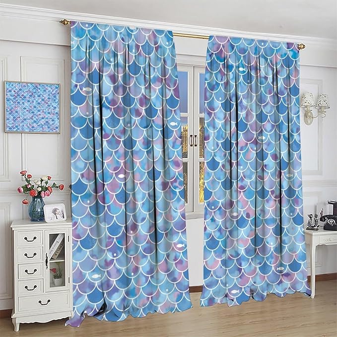 Mermaid Blackout Curtains, Kids Cartoon Blue and Pink Ocean Mermaid Scale Pattern Decoration for Girls Bedroom Nursery Curtains 42x44 Inch
