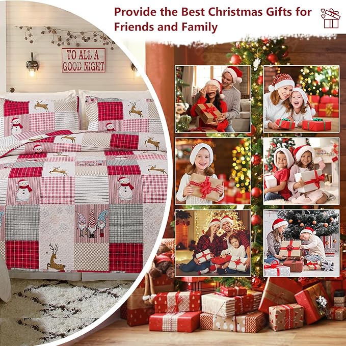 Jessy Home Christmas Bedding Set King Christmas Quilt Bedspread Pink Gnome Santa Claus Plaid Patchwork Xmas Quilt Bedding Decor Winter Snowman Elk Lightweight Reversible Bedspread Coverlet