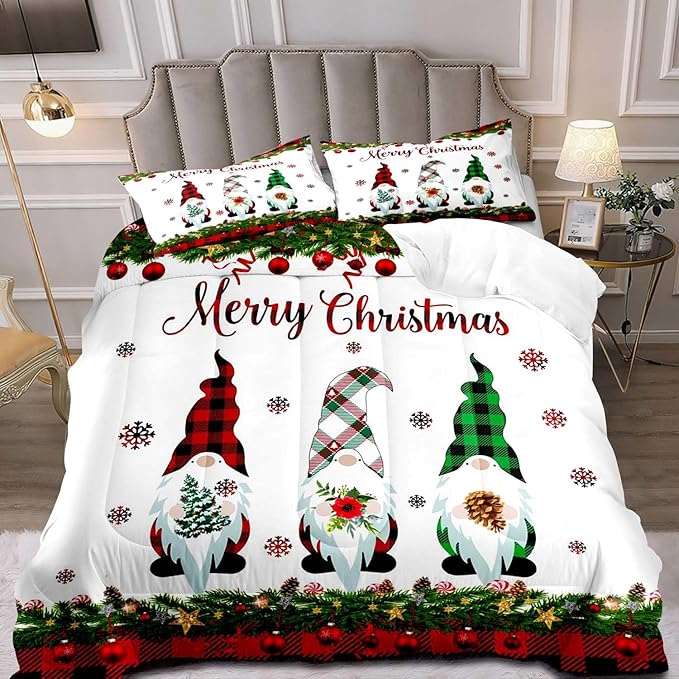 LUVIVIHOME 3PCS Merry Christmas Comforter Set Full Size, Gnomes Bedding, Cute Christmas Bedroom Decor for Kids Boys Girls Teens, Xmas Gifts, Buffalo Plaid Christmas Gnomes Decorations, 2 Pillow Cases