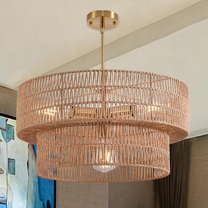 17.72" 4-Light Boho Chandelier Rattan Light Fixture Hand Woven Farmhouse Chandelier for Dining Room Ceiling Hanging Pendant Light for Kitchen Island Lighting
