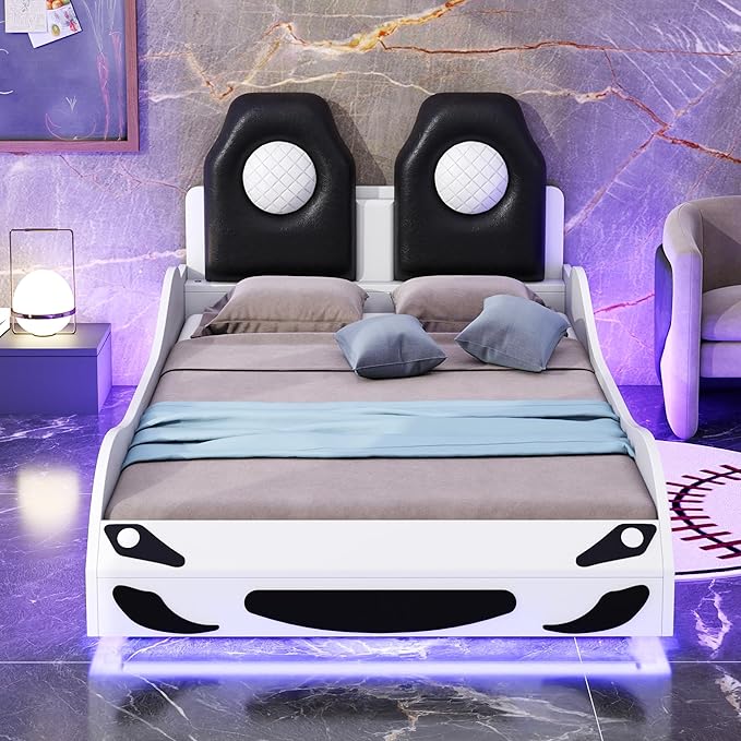 Bellemave Wood Twin Size Race Car-Shaped Platform Bed with LED and Upholstered Backrest, Kid's Platform Bed Frame with Race Car-Shaped and Safety Guardrails for Kids, Boys, Girls.(White)