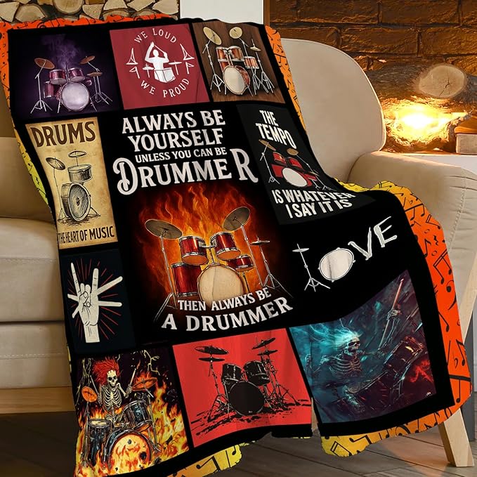 Drum Set Fleece Blanket Rock Music Throw Blankets for Girls Boys Super Soft Warm Flannel Cool Musical Instrument Throws Gifts for Men Women Cozy Fuzzy Plush Stuffed Couch Bed Bedding Decor 80"x60"
