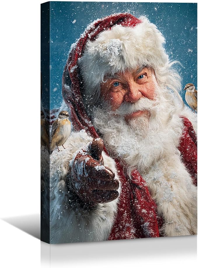 YONICA Christmas Canvas Wall Art Snowy Santa 24x32 Inch Winter Scene with Birds and Snowfall - Large Framed Gallery Wrapped Nature Theme