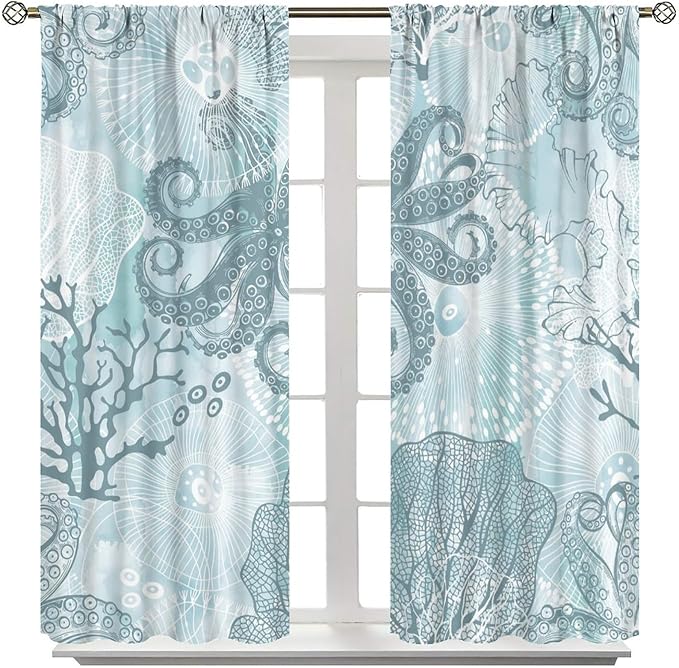 Coastal Window Curtains,Nautical Beach Themed Thermal Insulating Blackout Curtain for Living Room, Bedroom Set 2 Panels,42x45 Inches