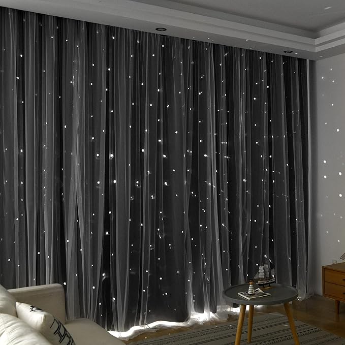 Kinryb Grey Star Curtains for Bedroom Star Hollow Out Blackout Curtains for Kids Room Decor Double Layer Cut Out Window 2 Panel with Tiebacks 52W x 84L Grey