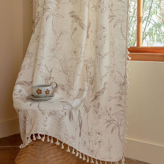 ENJOYBRIDAL Floral Curtains 96 Inches Long Farmhouse Semi Sheer Drapes Bird Patterned Rod Pocket 2 Panel Sets Boho Window Curtains Bedroom Living Room Botanical Aesthetic Decor Tassel Window Treatment