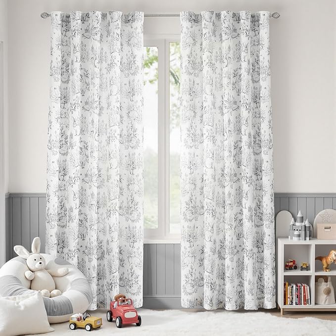 jinchan Linen Nursery Curtains 84 inch Long Woodland Wildlife Grey Print Drapes for Kid's Room Light Filtering French Country Farmhouse Gray Curtains with Bunny and Forest Design Set of 2 Panels