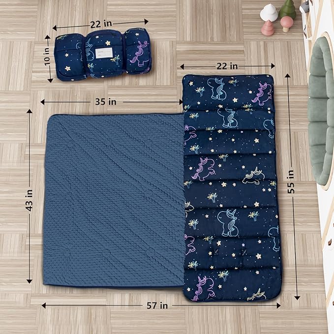 Primlect Thickened Toddler Nap Mat with Removable Pillow and Minky Blanket, Extra Large 55''x35'' Sleeping Bag, Washable, Roll up, Perfect for Daycare, Preschool, Kindergarten, Boys and Girls