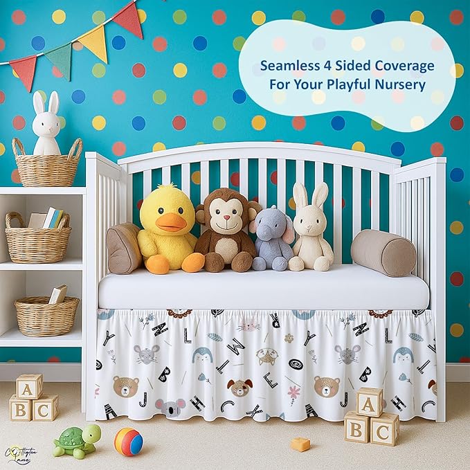 Cottington Lane Crib Skirt Dust Ruffle, 100% Natural Cotton, Soft, Durable Nursery Crib Toddler Bedding Skirt for Baby Girls or Boys, Fits Standard Cribs 28" x 52" with 14" Drop, Alphabet Adventure