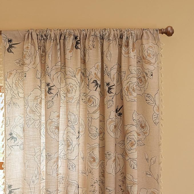 ENJOYBRIDAL Floral Curtains 96 Inches Long 2 Panels Coquette Rod Pocket Drapes Boho Bedroom Semi Sheer Aesthetic Window Curtain Panels Farmhouse Living Room Rose Decorations Tassel Window Treatments