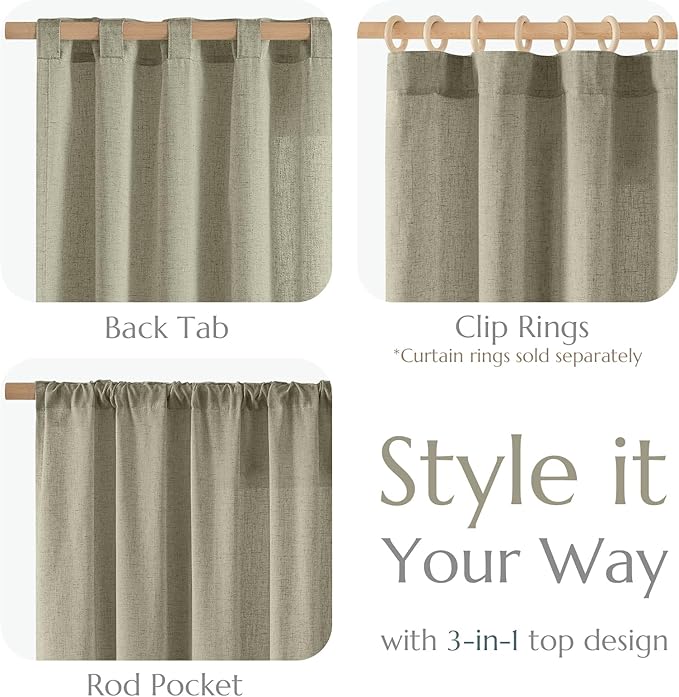 jinchan Linen Blend Curtains 63 inch Length 2 Panels for Bedroom Living Room, Semi Sheer 50 inch Wide Farmhouse Cottage Core Style Drapes with Rod Pocket Back Tab(50W x 63L, Light Green)