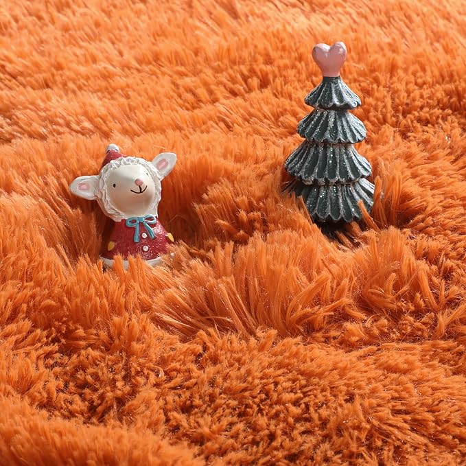 Amdrebio Burnt Orange Round Circle Rug 6Ft for Bedroom Living Room, Fluffy Shaggy Furry Fuzzy Area Rugs for Kids Room Decor Aesthetic, Large Plush Shag Dark Orange Carpet for Nursery Dorm Classroom