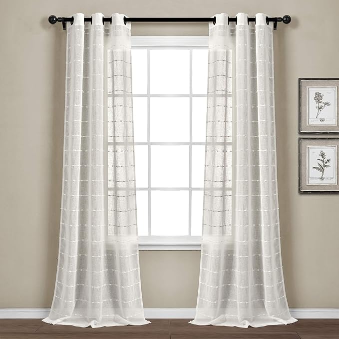 Lush Decor Farmhouse Textured Grommet Sheer Window Curtain Panel Pair, 38"W x 108"L, White