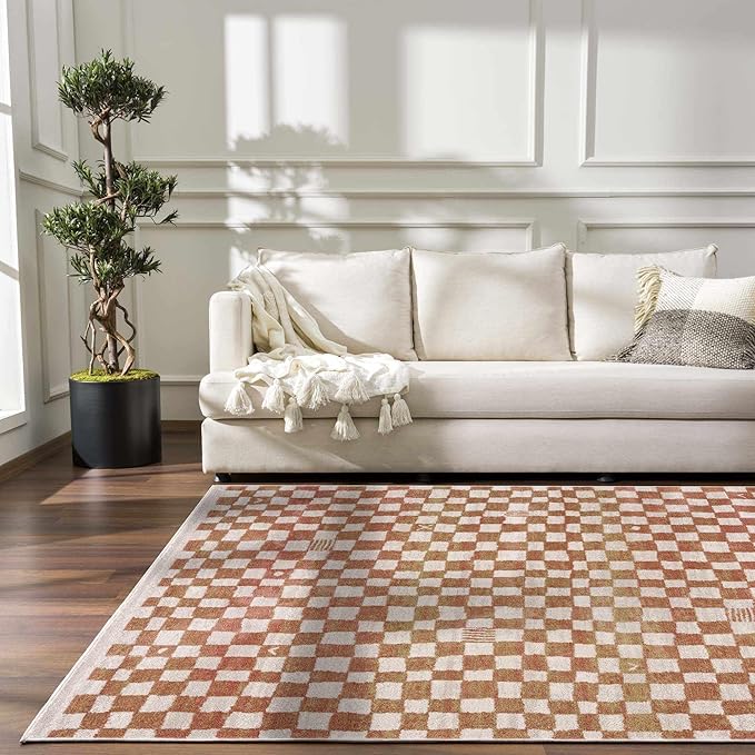 Hauteloom Pertek Modern Checkered Runner Rug - Modern Geometric Carpet for Hallway, Kids Room, Nursery - Bohemian Boho Carpet - Cream, Somon - 2'7" x 7'3"