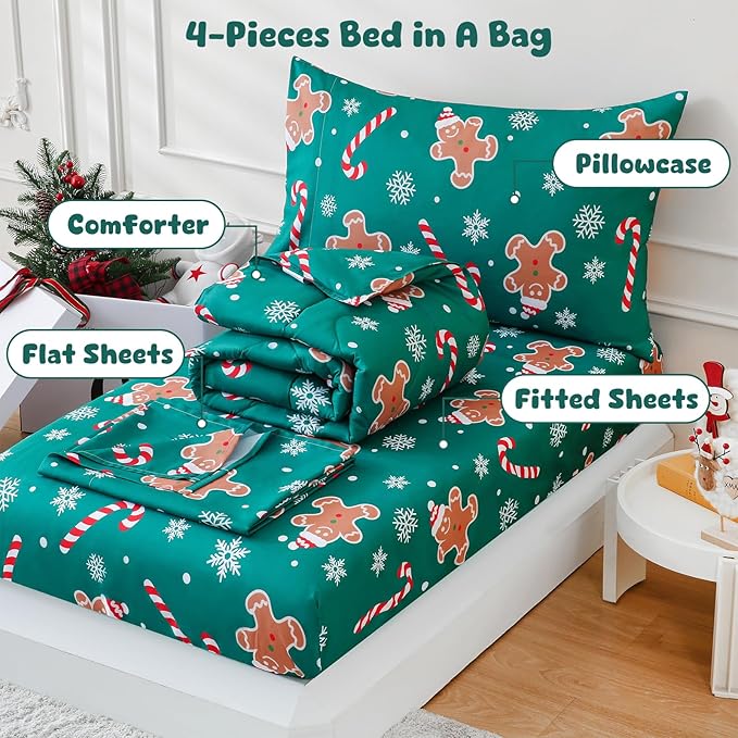 LONAVA Toddler Kids Comforter Set - 4 Pieces Toddler Bedding Sets for Boys Girls Children, Ultra Soft Microfiber Bed in A Bag with Flat Fitted Sheets, Gingerbread Man