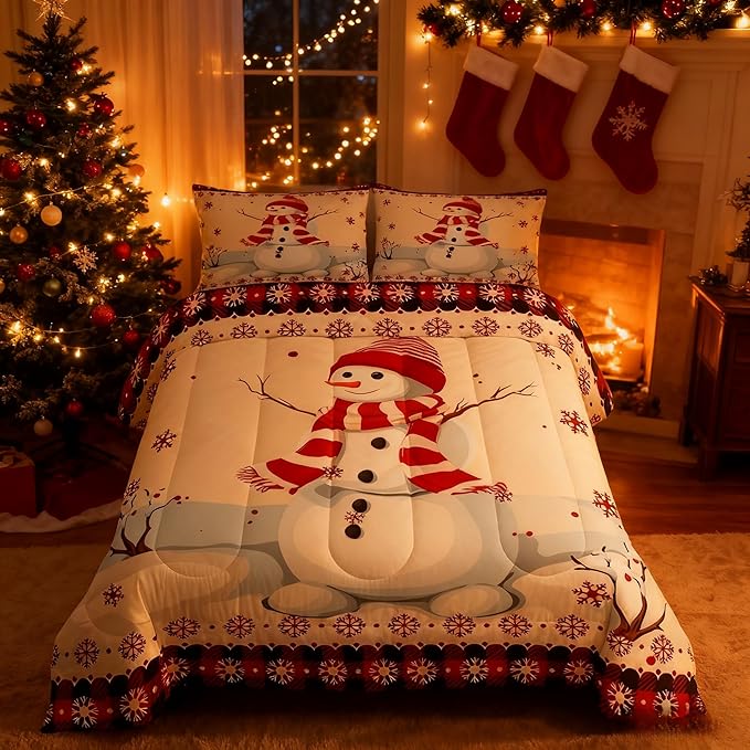 Kids Snowman Christmas Comforter Set Queen Size,Snowflake Romantic Bedding,Girls Boys Adults Bedroom/Xmas Cabin Decor,Geometric Grid Lattice Down Comforter,Rustic Farmhouse Duvet Insert,2 Pillowcases